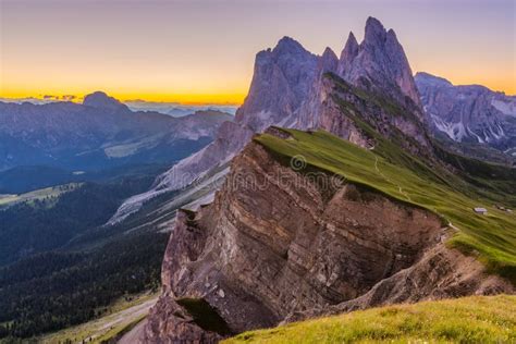 Beautiful Sunrise And Odle Mountain Landscape In Dolomites Italy Stock