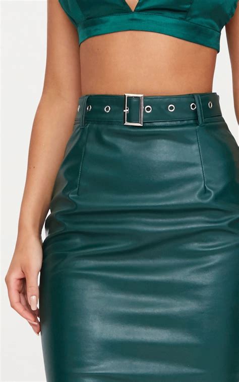 Forest Green Faux Leather Belt Midi Skirt Prettylittlething Usa