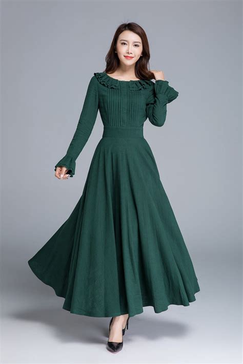 green linen dress, long sleeve dress, maxi dress, spring dress, wedding guest dress, prom dress 