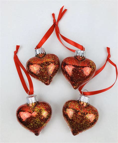 Red And Gold Glass Heart Ornaments Set Of 4 New T Etsy Heart