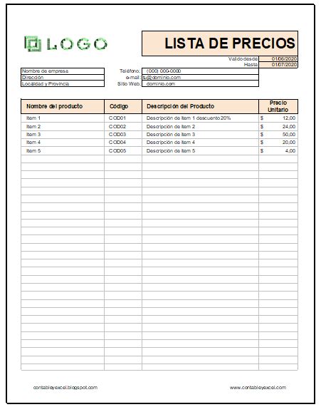 Excel Cursos Y Plantillas Contables Plantilla De Lista De Precios