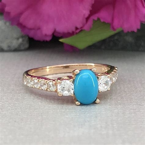 Rose Gold Oval Turquoise Ring Diamond Simulated Women S Blue Turquoise