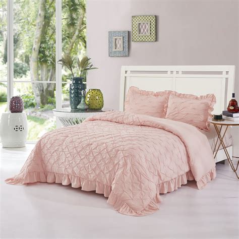 3 Piece Pinch Pleated Peach Pink Comforter Set Queen Pintuck Ruffled