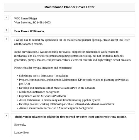 Maintenance Planner Cover Letter Velvet Jobs
