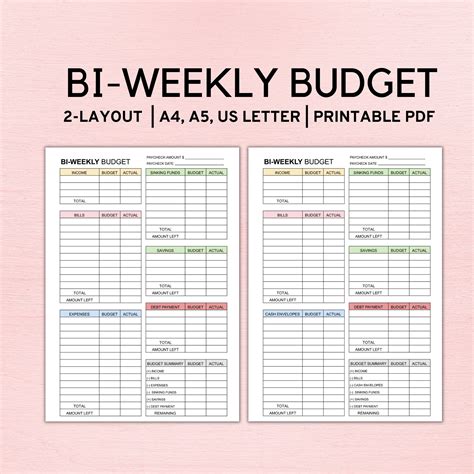 Bi Weekly Budget Planner Template Paycheck Budget Printable