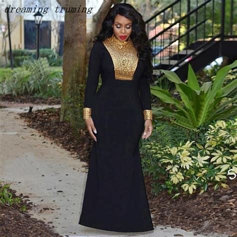 Saudi Arabic Mermaid Evening Dresses Long Sleeve Black And Gold Beaded