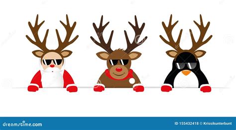 Funny Christmas Cartoon With Cute Reindeer Santa Claus And Penguin With Sunglasses And Antler