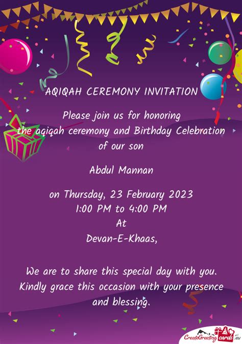 The Aqiqah Ceremony And Birthday Celebration Of Our Son Free Cards
