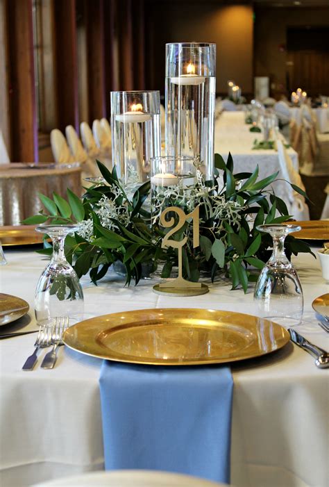 Dusty Blue And Gold Wedding Centerpieces With Greenery Elegant Tall