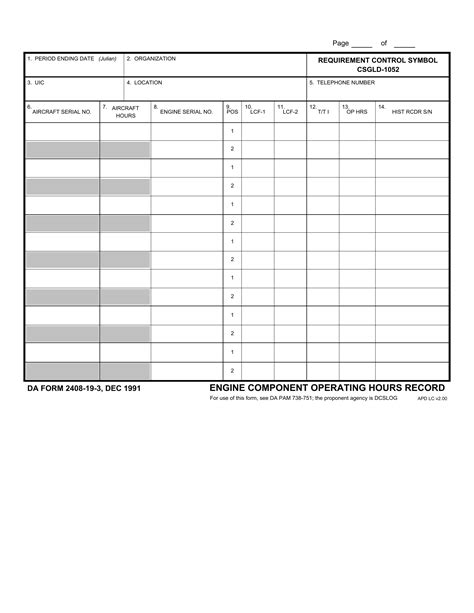Da Form 2408 19 3 Engine Conponent Operating Hours Record Forms