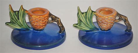 Art van is a chain of furniture stores that's headquartered in michigan. Roseville Pottery Pine Cone Blue Candle Holders 1123 from ...