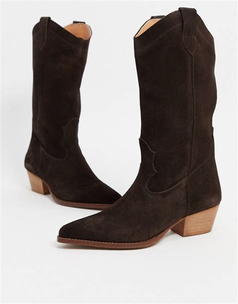 Depp Leather Tall Western Boots In Chocolate Brown Suede Asos