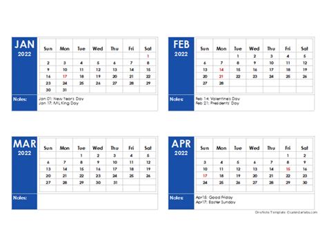 2022 Onenote Calendar With Holidays Free Printable Templates