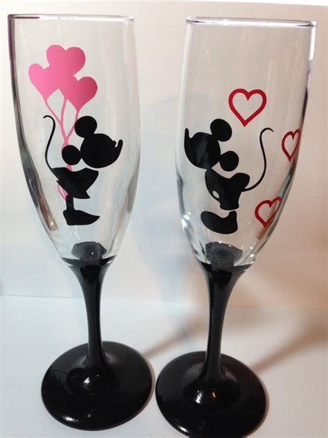 Mickey And Minnie Mouse Love Champagne Glasses With Hand Painted Stems