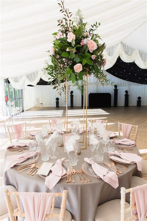 Pink Grey With Hints Of Rose Gold Wedding Table Decor Pink Grey