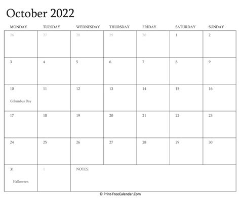 Printable October Calendar 2022 With Holidays