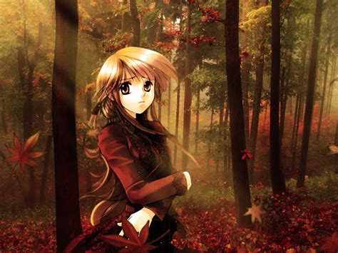 1600x1200 1600x1200 Anime Girl Walk Fall Forest Wallpaper 