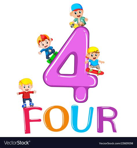 Kids playing with big number four Royalty Free Vector Image
