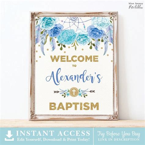 Boy Baptism Welcome Sign Boho Baby Blue Gold Floral Etsy