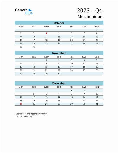 Three Month Planner For Q4 2023 With Holidays Mozambique