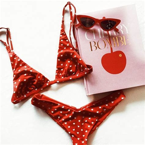 Triangle Bikini Set For Women With Heart Print Red Wti Design Polka Dot Swimwear