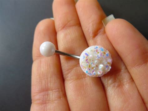 Belly Button Ring Jewelry White Rainbow Druzy Belly Button