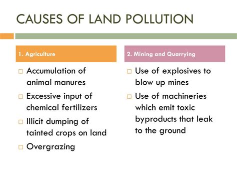 Land pollution takes place when waste is not disposed off in the right manner or when people dump chemical products to soils in the form of herbicides, fertilizers, pesticides. PPT - Land Pollution PowerPoint Presentation, free ...
