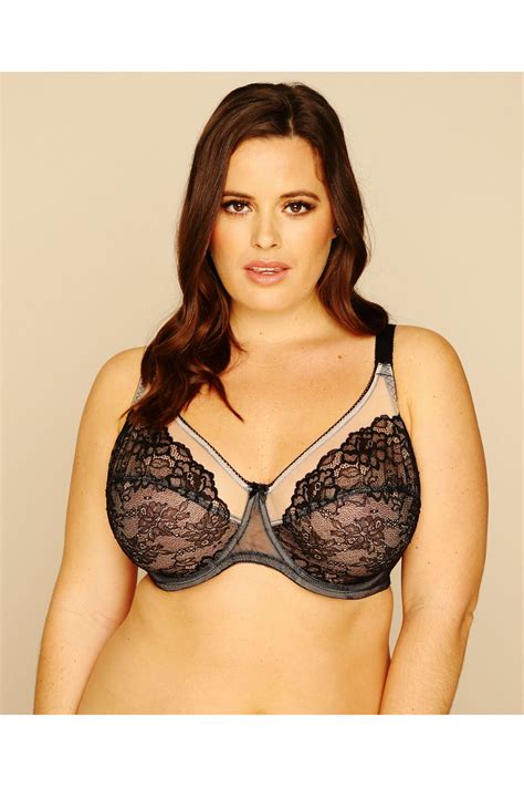 Black And Nude Glamour Lace And Mesh Underwired Bra Plus Size 44D 44E