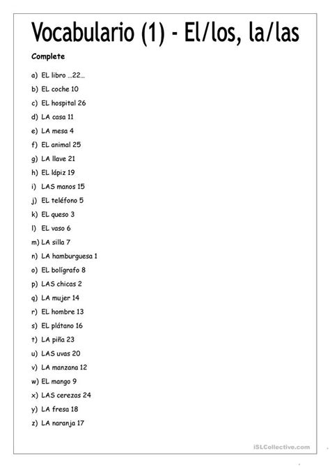 Vocabulario 1 Complete Con Elloslalas Words Spanish Worksheets