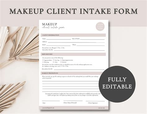 Makeup Artist Client Intake Form Makeup Client Form Makeup Artist Form