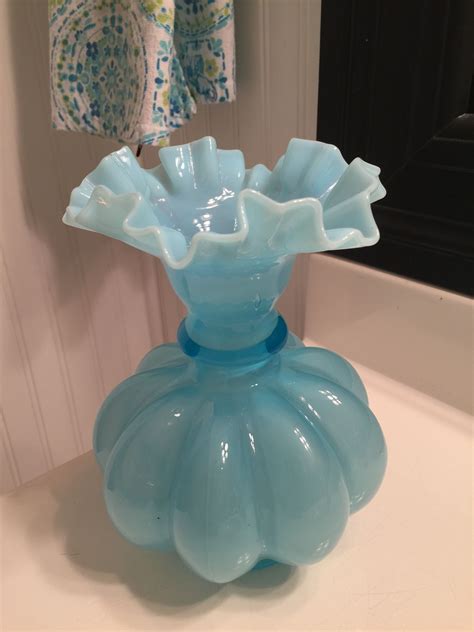 Fenton Blue Milk Glass Melon Ruffled Vase Blue Milk Milk Glass Vase