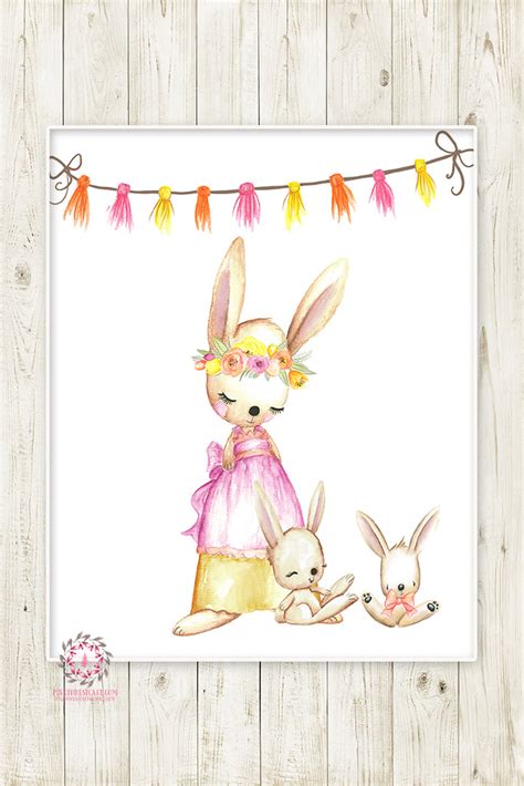 Boho Bunnies Bunny Rabbit Boho Girl Nursery Wall Art Print Woodland Ba