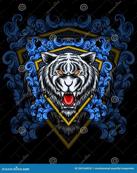 Scary Tiger Head Illustration Design With Cool Decoration Stock