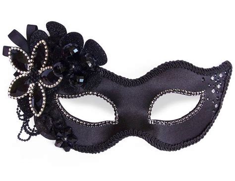 Black Masquerade Mask With Acrylic Gems And Glitter Flowers Venetian