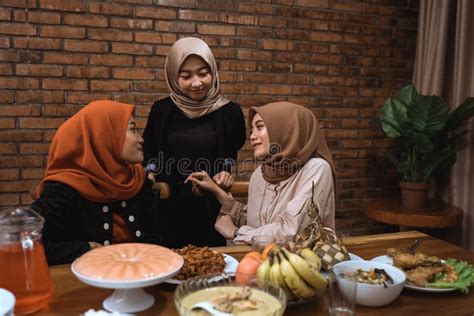 Muslim Woman Talk To Each Other While Dinner Stock Photo Image Of