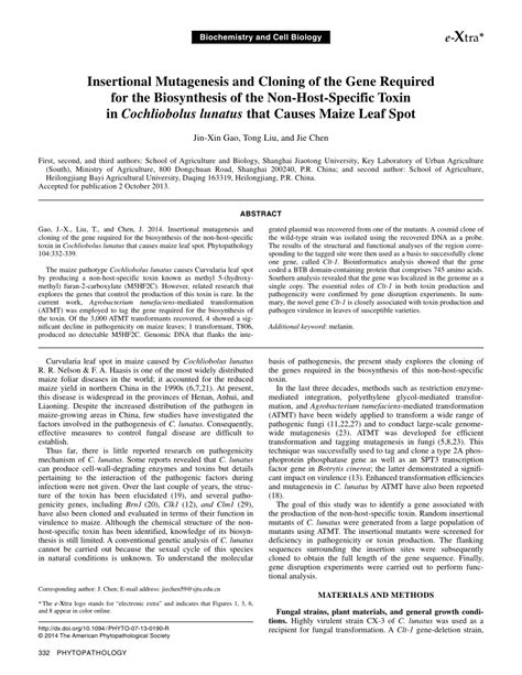Pdf Insertional Mutagenesis And Cloning Of The Gene Required For The Biosynthesis Of The Non