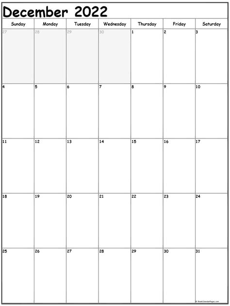 December 2022 Vertical Calendar Portrait