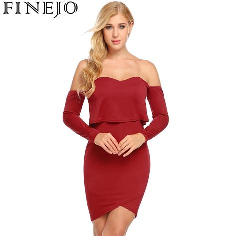 Finejo Pencil Dress Women Sexy Strappy Cold Shoulder Party Long Sleeve Ruffles Solid Mini