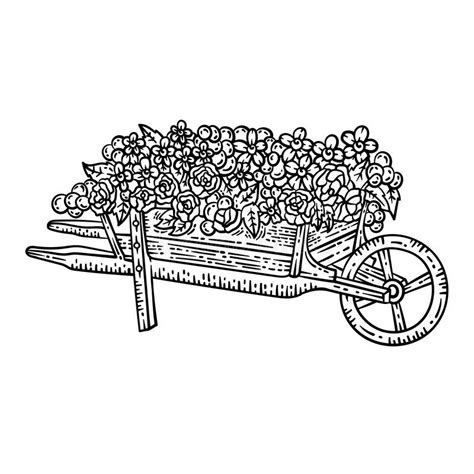 Wheelbarrow Flowers Spring Coloring Page For Adult Stock Vector