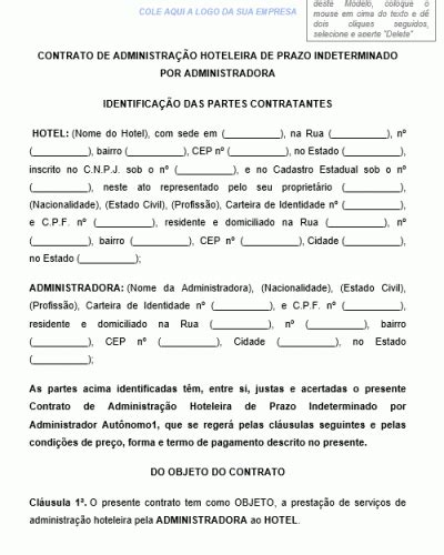 Modelo De Contrato De Administração Hoteleira De Prazo Indeterminado