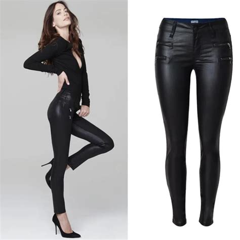 fashion pu leather pants women low waist black color stretch trousers women sexy skinny pencil