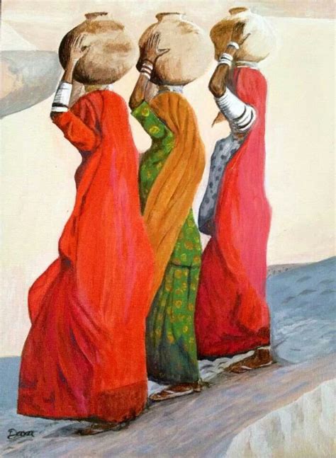 3 Indian Village Women With Earthen Pots On Their Heads Art Painting India Art Indian Paintings