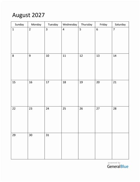 Editable August 2027 Monthly Calendar
