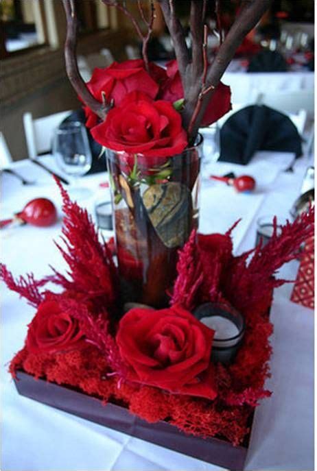 Red Centerpiece Red Roses And Red Reindeer Moss Red Wedding