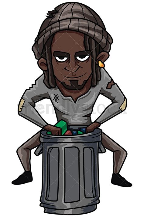 Black Man Looking For Stuff In Trash Vector Cartoon