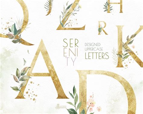 Serenity Letters Watercolor Floral Alphabet Clipart Leaf Etsy