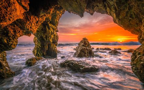 Download Horizon Sun Sunset Sea Ocean Beach Nature Cave Hd Wallpaper