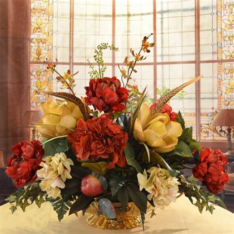 Burgundy And Gold Silk Magnolia Centerpiece Etsy Artificial Floral