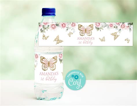Editable Butterfly Bottle Label Pink Floral Butterfly Birthday Water
