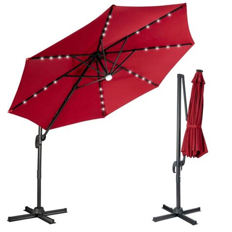 Clihome 10 Ft 28led Lighted Cantilever Solar Patio Umbrella In Red
